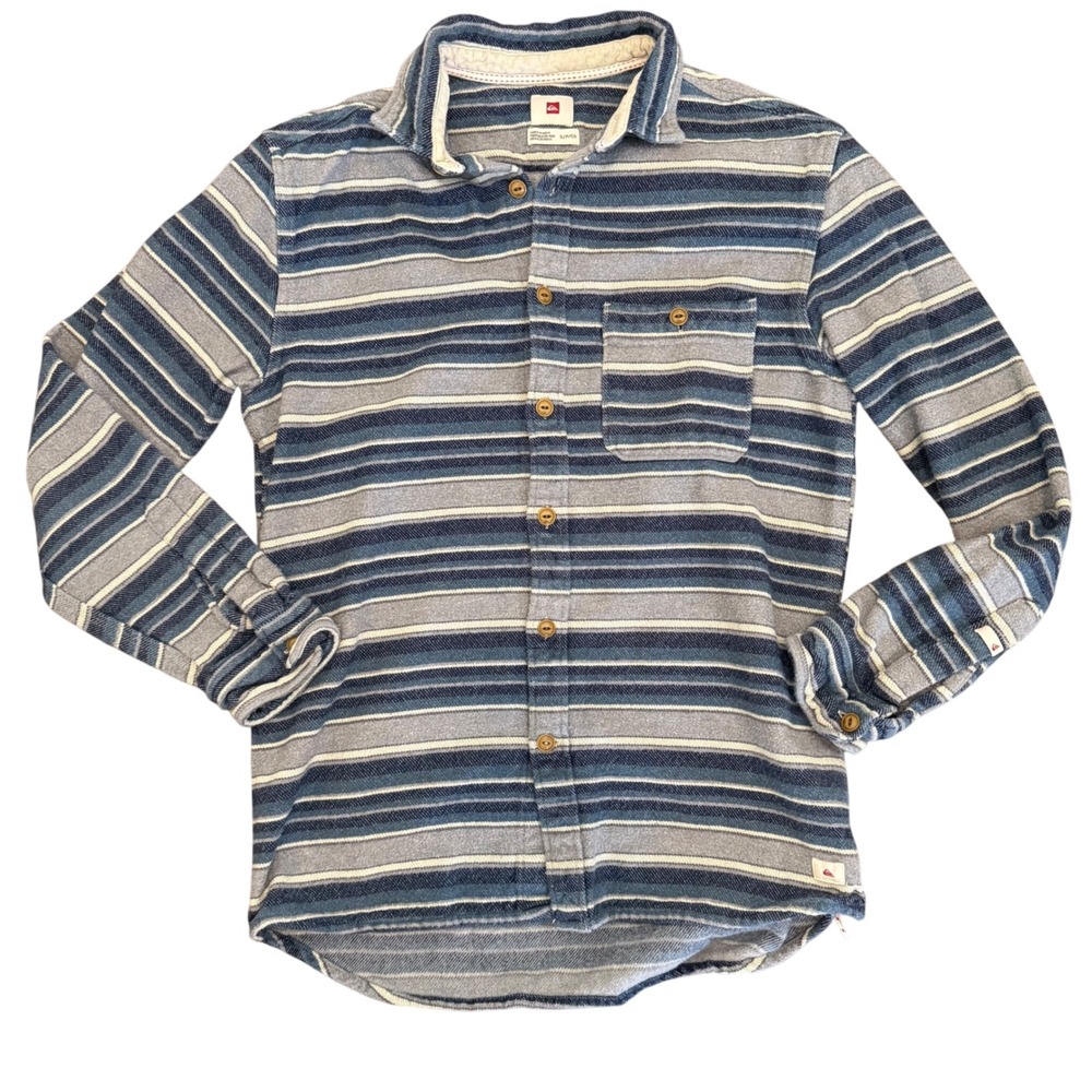 Quiksilver Blue Striped Long Sleeve Woven Cotton Mid-Weight Button Up Shirt Sz S